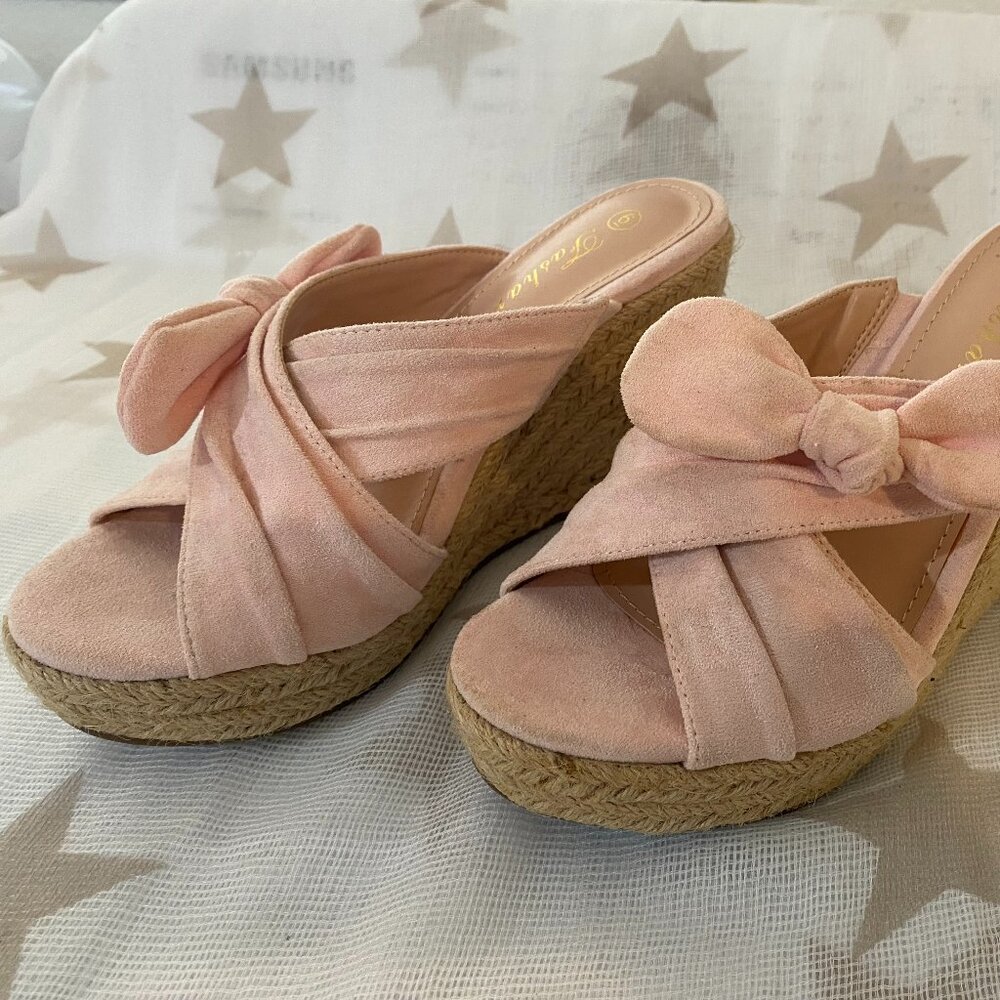 Fashare Size 6 Pink Espadrilles Bow Knot Open Toe Wedge Slip on